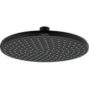 Matte black round shower head with multiple jets and center inlet connection.