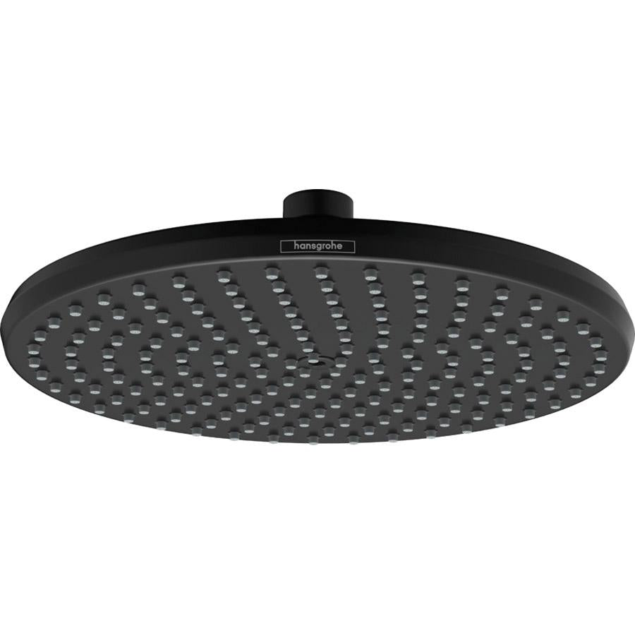 Matte black round shower head with multiple jets and center inlet connection.