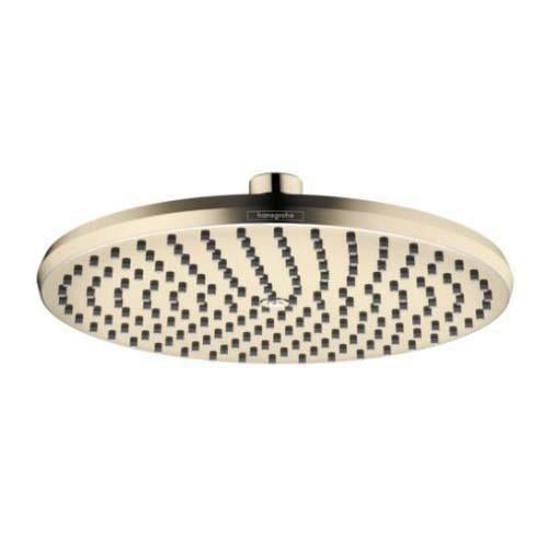 Polished nickel round shower head with multiple spray jets arranged in curved pattern on face.