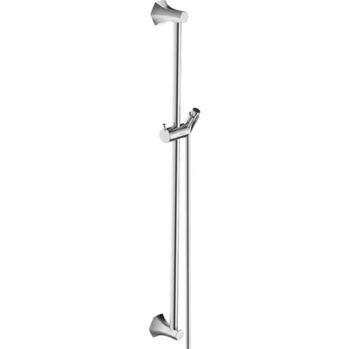 Chrome wallbar with adjustable handheld shower head and vertical rail mount.