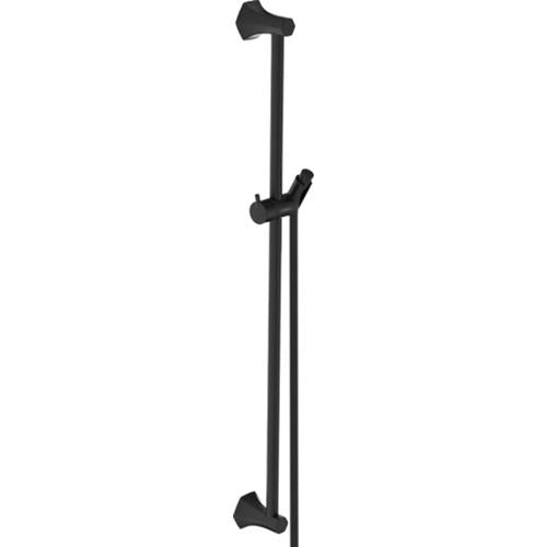 Matte black wall-mounted shower bar with adjustable handheld bracket and mounting hardware.