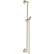 Brushed nickel vertical wallbar with adjustable shower head holder and slide bracket on cylindrical rail.