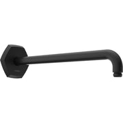 Matte black wall-mounted shower arm with hexagonal escutcheon and curved spout extending horizontally.