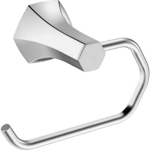 Chrome toilet paper holder with curved open-loop design and angled mounting bracket.