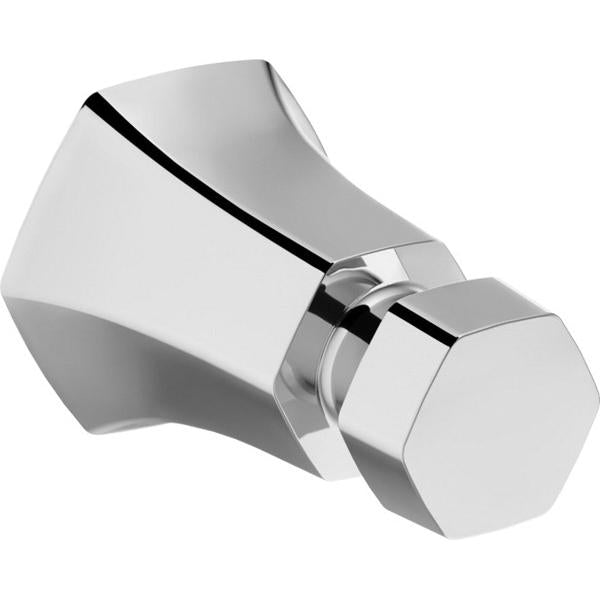 Chrome wall-mounted hook with angular geometric design and black accent stripe.