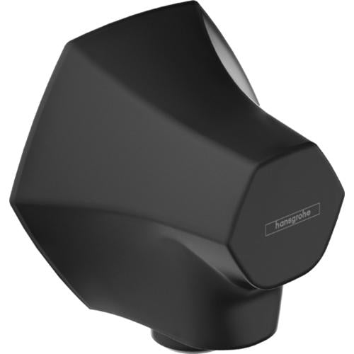 Matte black wall-mounted outlet with curved geometric design and cylindrical connection port.