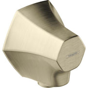 Brushed nickel wall outlet with angled geometric design and small cylindrical connector on right side.