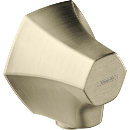 Brushed nickel wall outlet with angled geometric design and small cylindrical connector on right side.