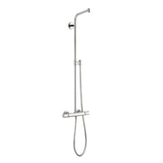 Chrome showerpipe with wall-mounted bracket, angled showerhead arm, and handheld shower connection without components.