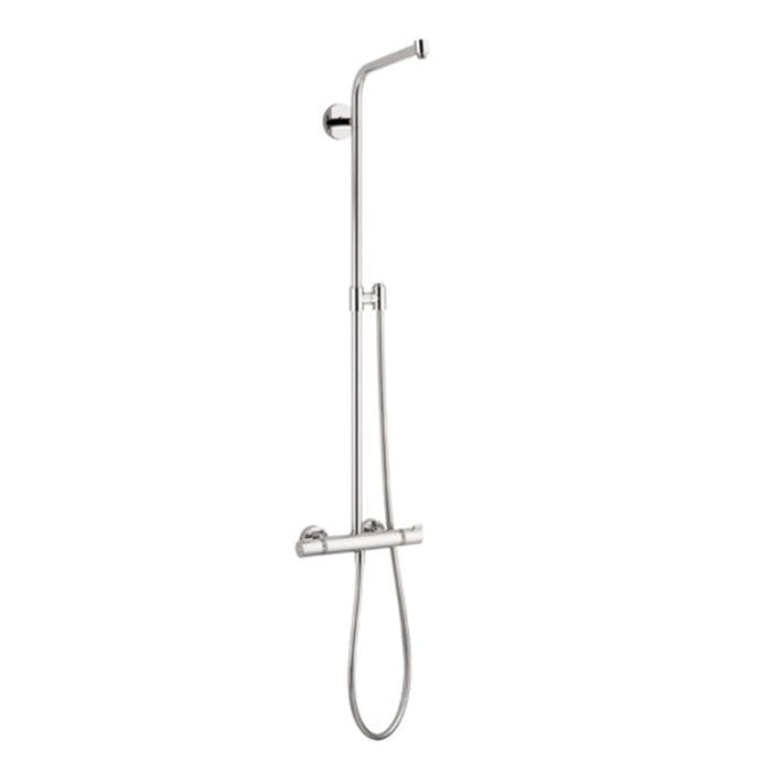 Chrome showerpipe with wall-mounted bracket, angled showerhead arm, and handheld shower connection without components.