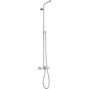 Chrome showerpipe with curved arm and handheld shower head, featuring wall-mounted controls and tub filler spout.