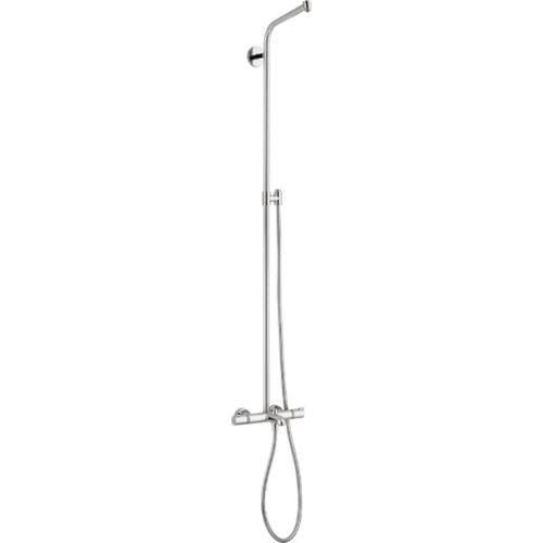 Chrome showerpipe with curved arm and handheld shower head, featuring wall-mounted controls and tub filler spout.