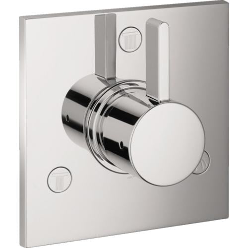 Chrome square diverter trim with circular handle and mounting plate for shower valve installation.