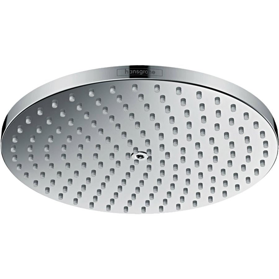 Chrome circular shower head with multiple small jets arranged in rows across the face.