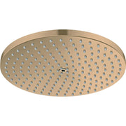 Brushed bronze round shower head with multiple spray holes and center adjustment valve.