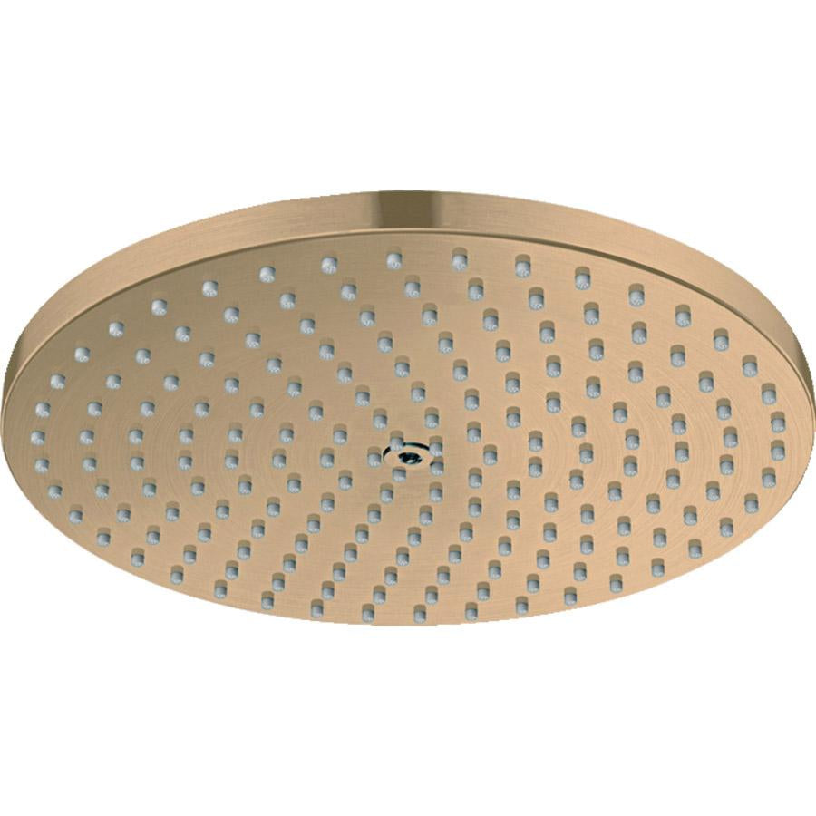 Brushed bronze round shower head with multiple spray holes and center adjustment valve.