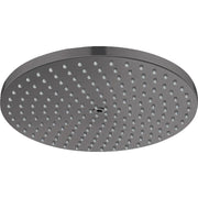 Brushed black chrome circular shower head with evenly spaced spray jets across flat surface.
