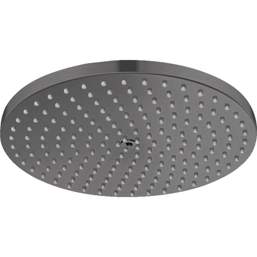 Brushed black chrome circular shower head with evenly spaced spray jets across flat surface.