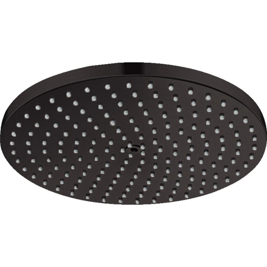 Matte black circular shower head with numerous small spray jets arranged across the flat surface.