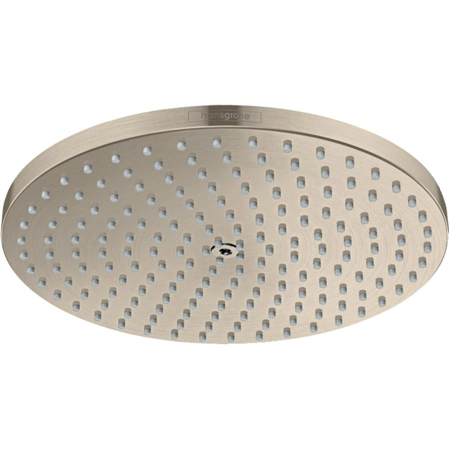 Brushed nickel round shower head with multiple small spray holes arranged in rows across the face.
