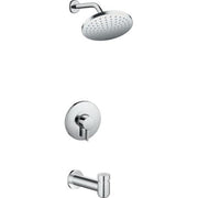 Chrome tub and shower set with round showerhead, wall-mounted control valve, and tub spout.