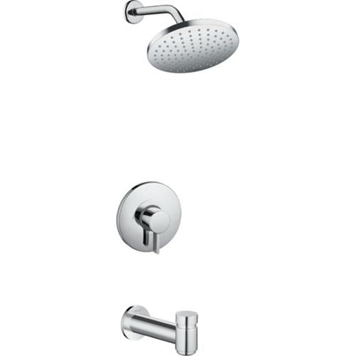 Chrome tub and shower set with round showerhead, wall-mounted control valve, and tub spout.