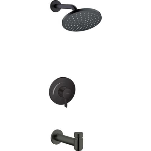 Matte black tub and shower set with round showerhead, wall-mounted valve trim, and tub spout.