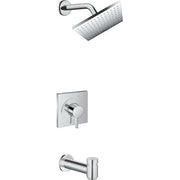 Chrome tub/shower set with square rainfall showerhead, wall-mounted control valve, and tub spout.