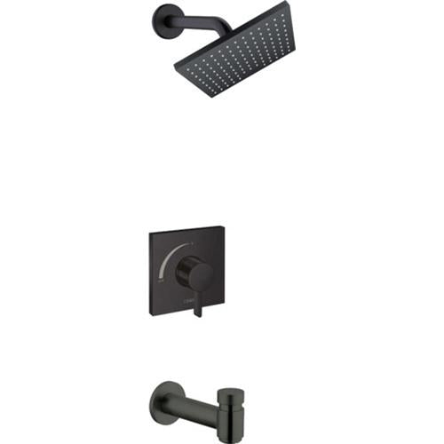 Matte black tub and shower set with rectangular showerhead, wall-mounted valve trim, and tub spout.