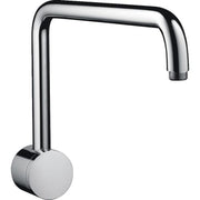 Chrome shower arm with angular design and circular wall mount connector.