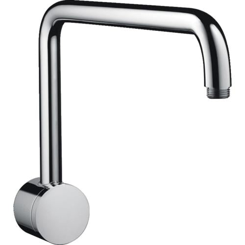 Chrome shower arm with angular design and circular wall mount connector.