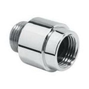 Chrome external vacuum breaker with male and female threaded connections for plumbing applications.