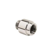 Polished nickel cylindrical vacuum breaker with threaded male and female connectors on opposite ends.