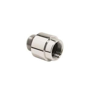 Polished nickel cylindrical vacuum breaker with threaded male and female connectors on opposite ends.