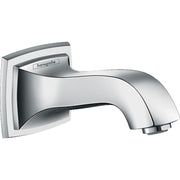 Chrome tub spout with curved rectangular base plate and curved outlet nozzle, Hansgrohe branding visible.