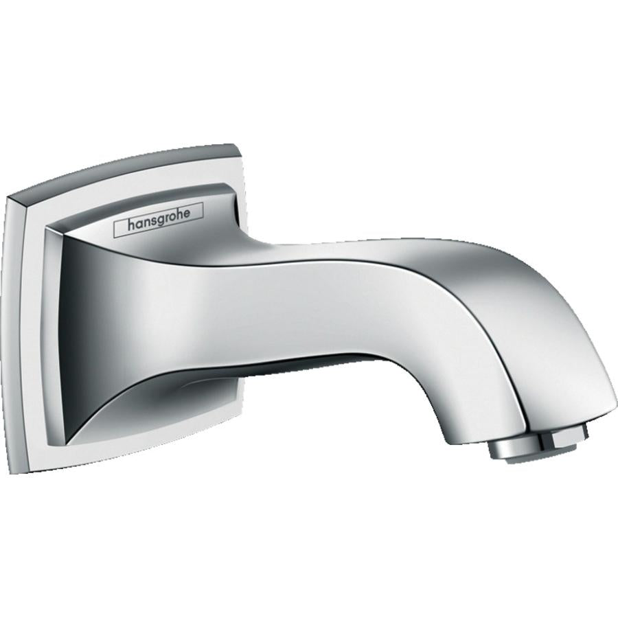 Chrome tub spout with curved rectangular base plate and curved outlet nozzle, Hansgrohe branding visible.