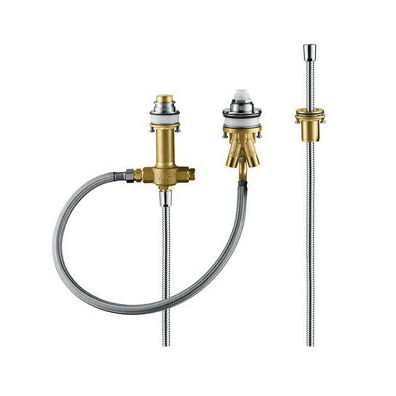 Brass rough-in valve bodies with chrome cartridges, flexible supply lines, and handheld shower outlet for 3-hole tub installa