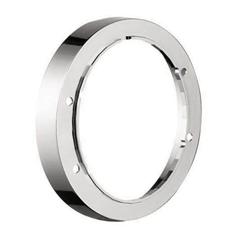 Chrome circular trim ring with mounting holes for thermostatic valve extension.