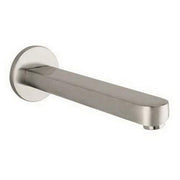 Brushed nickel tub spout with curved cylindrical body and round wall flange.