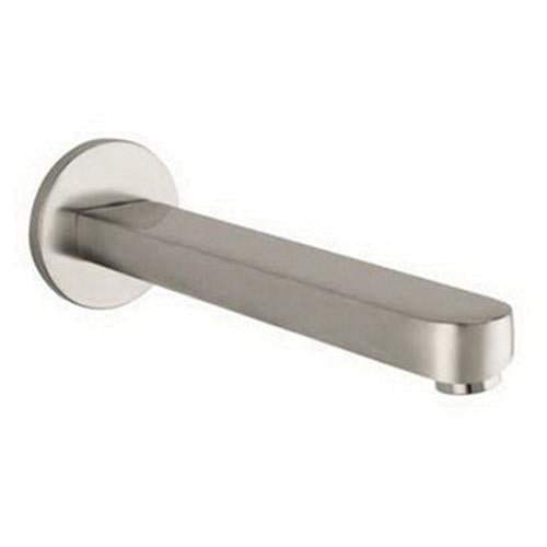 Brushed nickel tub spout with curved cylindrical body and round wall flange.