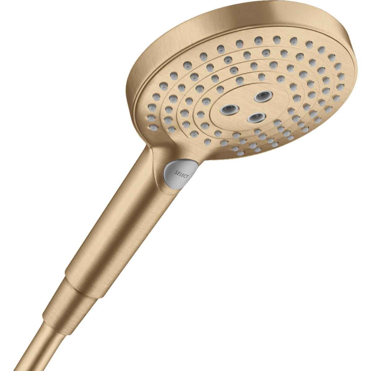 Brushed bronze handheld showerhead with circular face containing multiple spray jets and control button on handle.