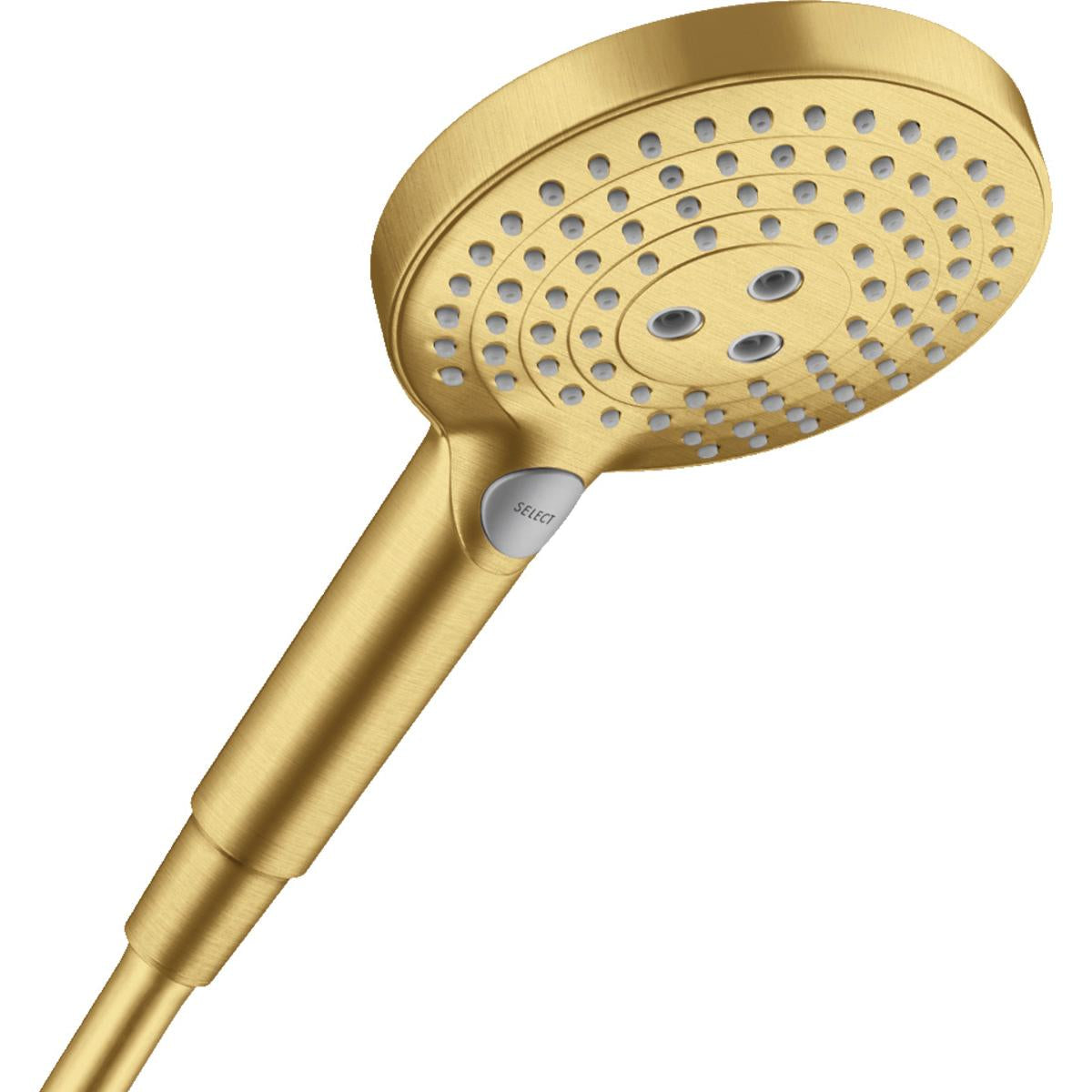 Brushed gold handheld showerhead with circular faceplate, multiple spray holes, and control button on handle.
