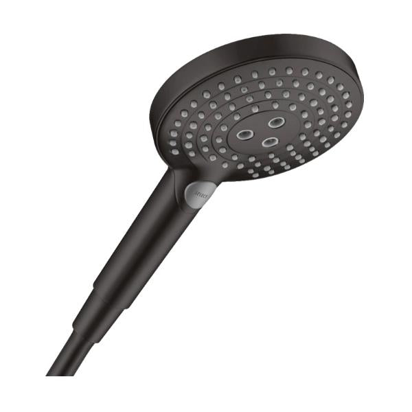 Matte black handheld showerhead with round face and multiple spray jets on handle grip.