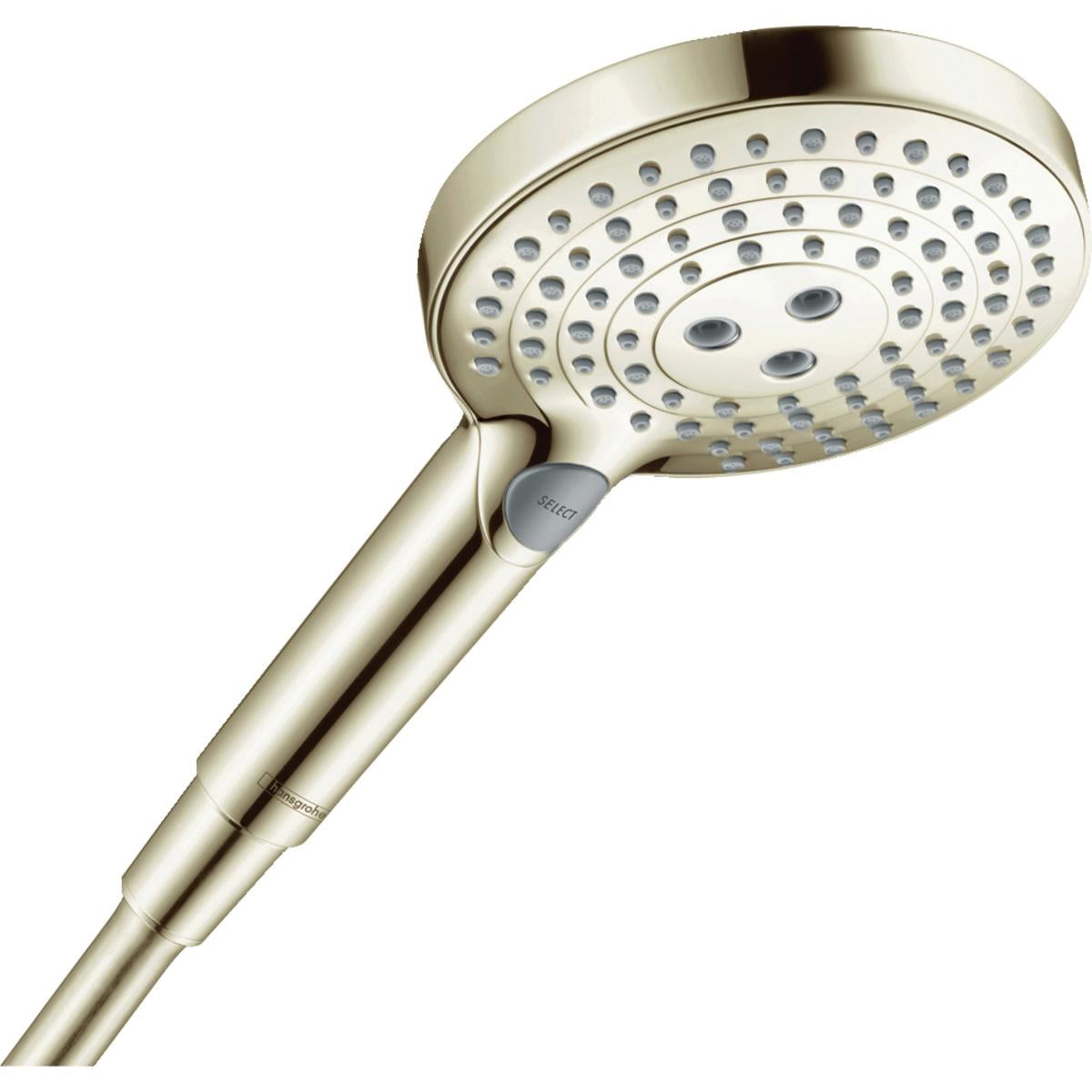 Polished nickel handheld showerhead with multiple spray holes and select button on handle.
