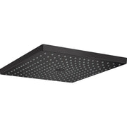Matte black square shower head with multiple spray jets on perforated surface.