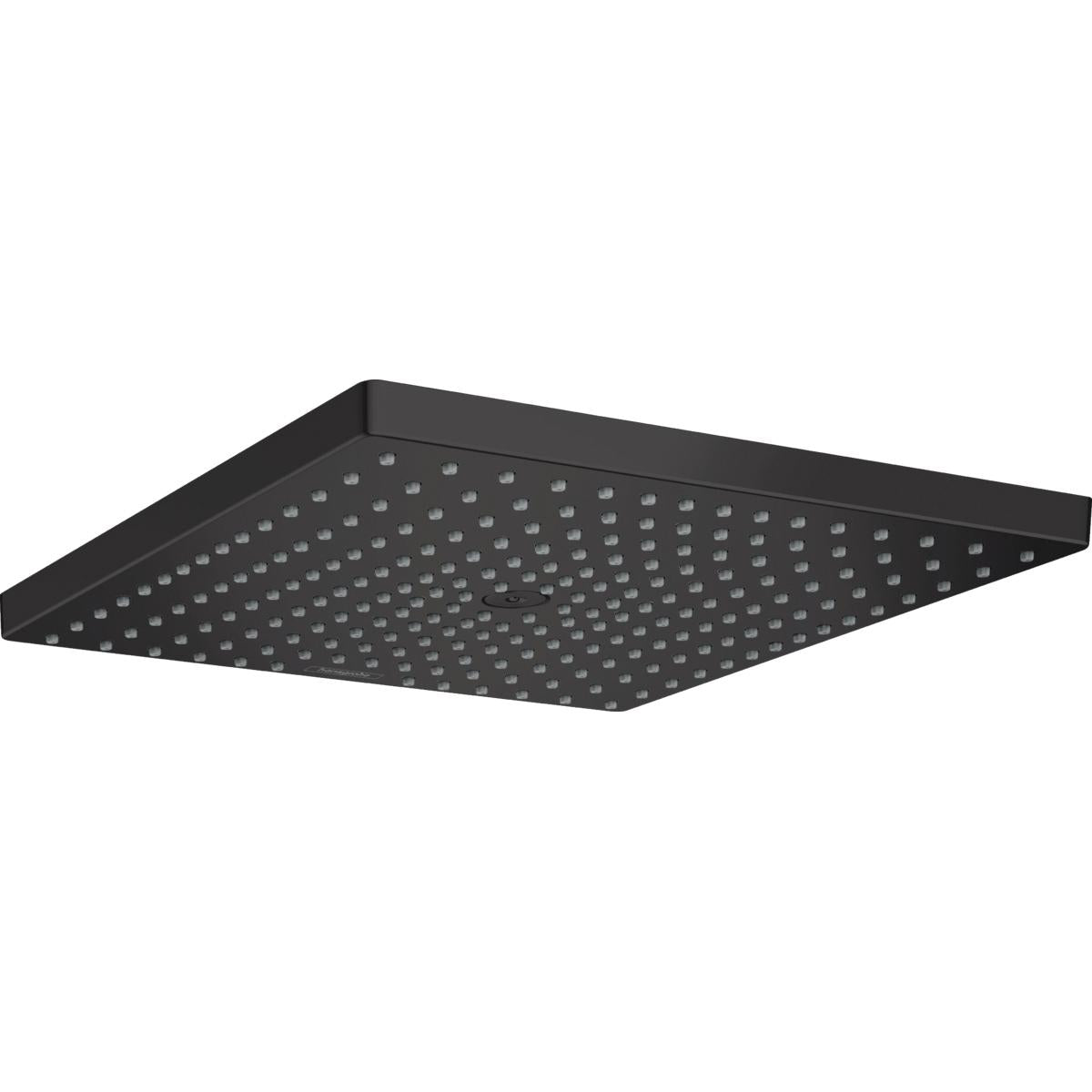 Matte black square shower head with multiple spray jets on perforated surface.