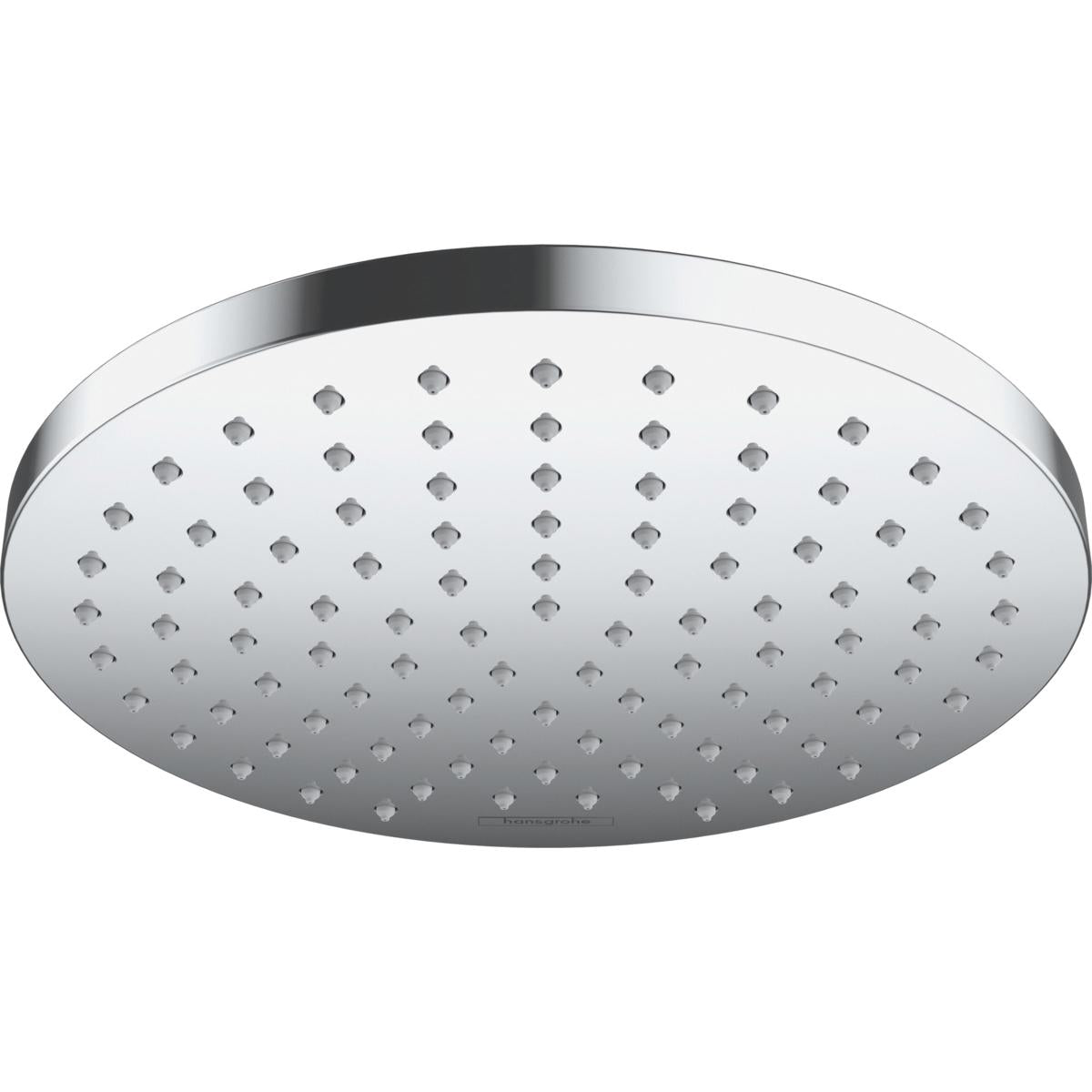 Chrome round shower head with multiple spray jets across flat face and polished rim.