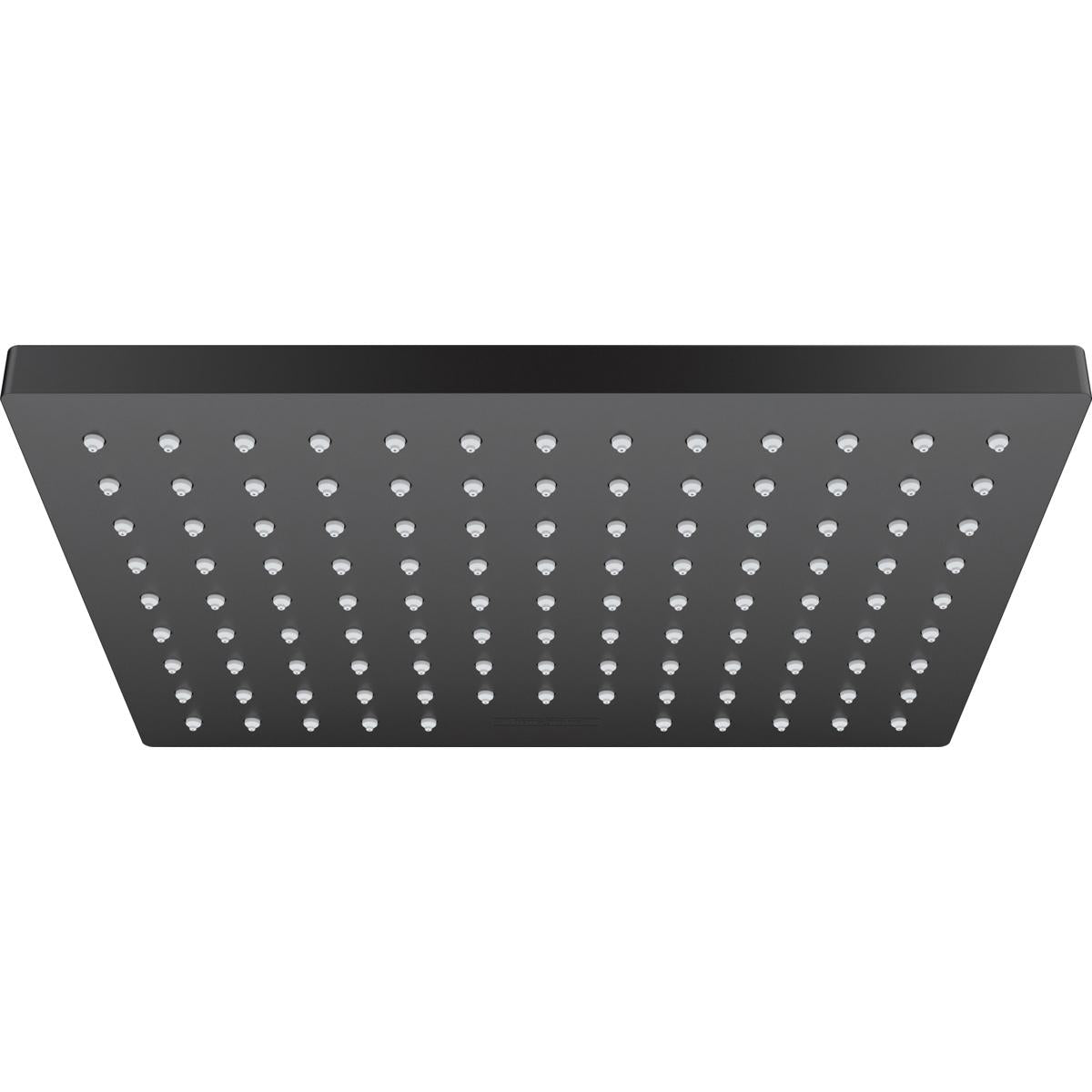 Matte black rectangular shower head with multiple small spray jets arranged in rows across the face.