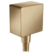 Square brushed bronze wall outlet with cylindrical outlet stem and check valves for water connection.