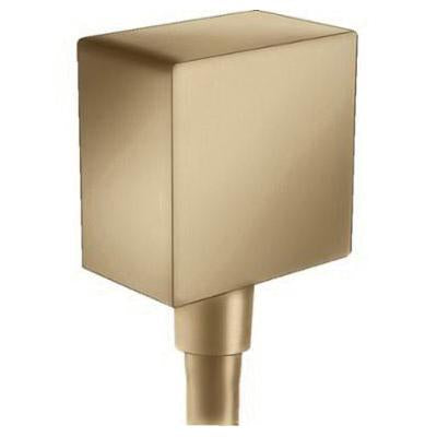 Square brushed bronze wall outlet with cylindrical outlet stem and check valves for water connection.